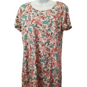 Lands End Pink Floral T-Shirt Dress Size M/P  Short Sleeve 100% Cotton Jersey